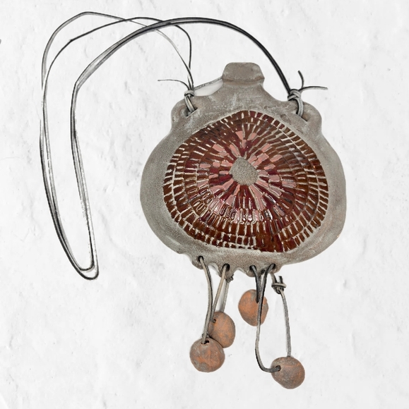 Vintage Ceramic Bag Wall Art, Medicine Bag Leather Straps Tribal Wall Art Rustic - Picture 1 of 12